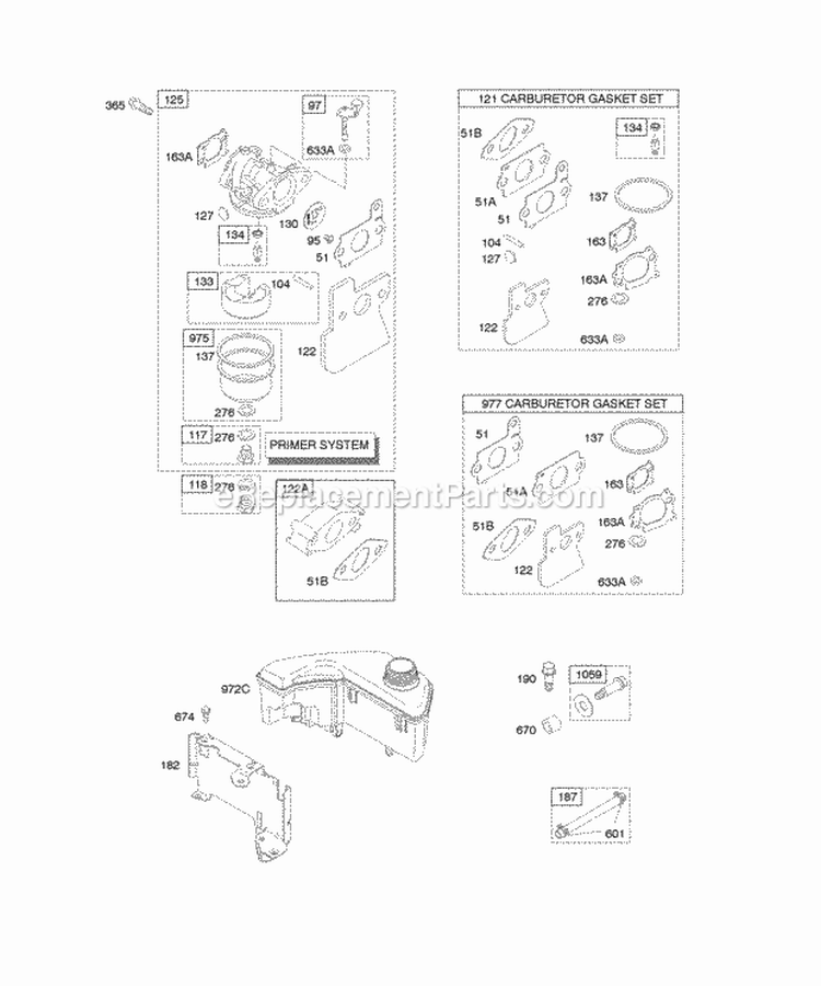 Carburetor Fuel Supply Diagram and Parts List for 123672-0136-E1  Briggs and Stratton Engine